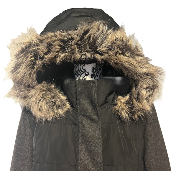 SOLD Lands End Wool Denali Like Long Coat Faux Fur Detachable Hood Gray Black - Picture 6 of 14